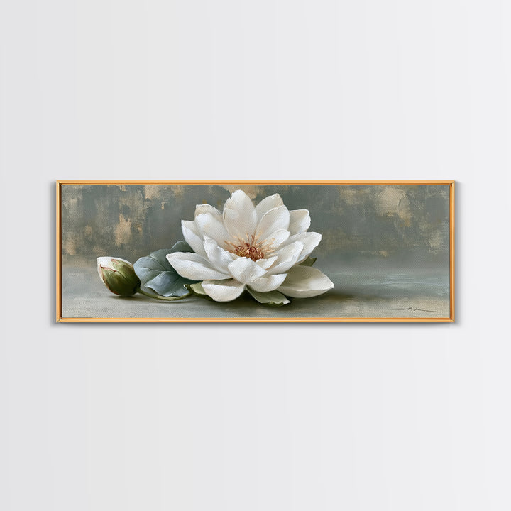 Single White Flower on Linen Ground Canvas Print, Spa Art, Salon Decor, Spa Decor, Oil Painting, Serenity, Statement Artwork, SPA-3x1-33