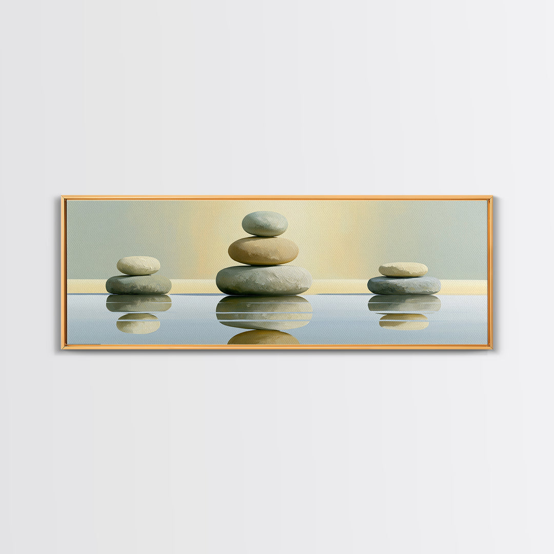Stacked Stones Beside Calm Water Canvas Print, Spa Art, Wildlife Wall Art, Spa Decor, Watercolor Art, Serenity, SPA-3x1-41