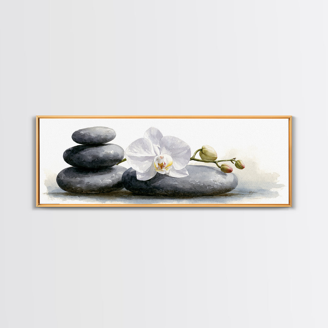 White Orchid on Smooth Gray Stone Canvas Print, Spa Art, Modern Home Decor, Spa Decor, Fine Art, Serenity, Neutral Decor, SPA-3x1-42