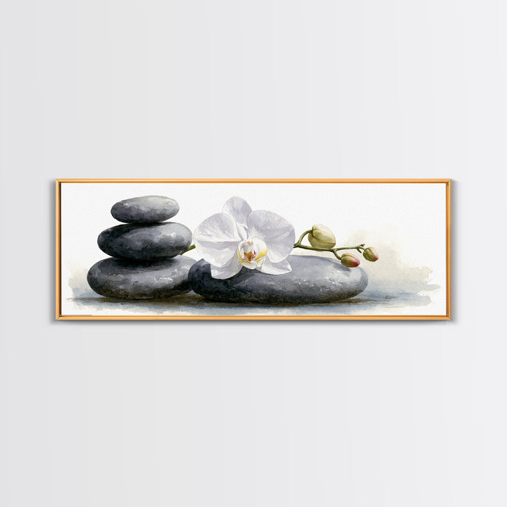 White Orchid on Smooth Gray Stone Canvas Print, Spa Art, Modern Home Decor, Spa Decor, Fine Art, Serenity, Neutral Decor, SPA-3x1-42