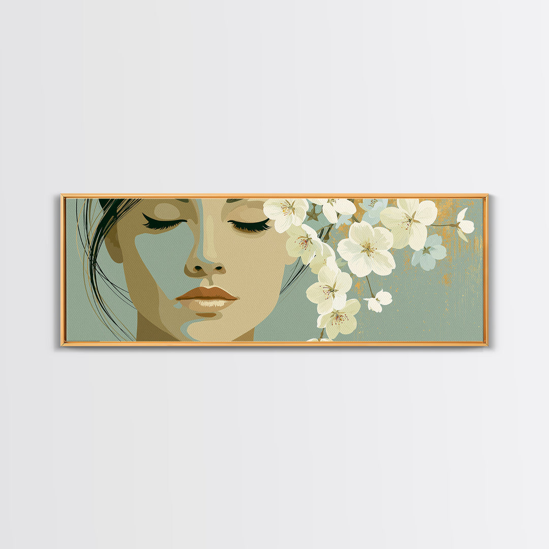 Minimal Face with Closed Eyes and Flowers Framed Canvas Print, Spa Art, Printable Wall Art, Spa Decor, Watercolor Art, Serenity, SPA-3x1-59