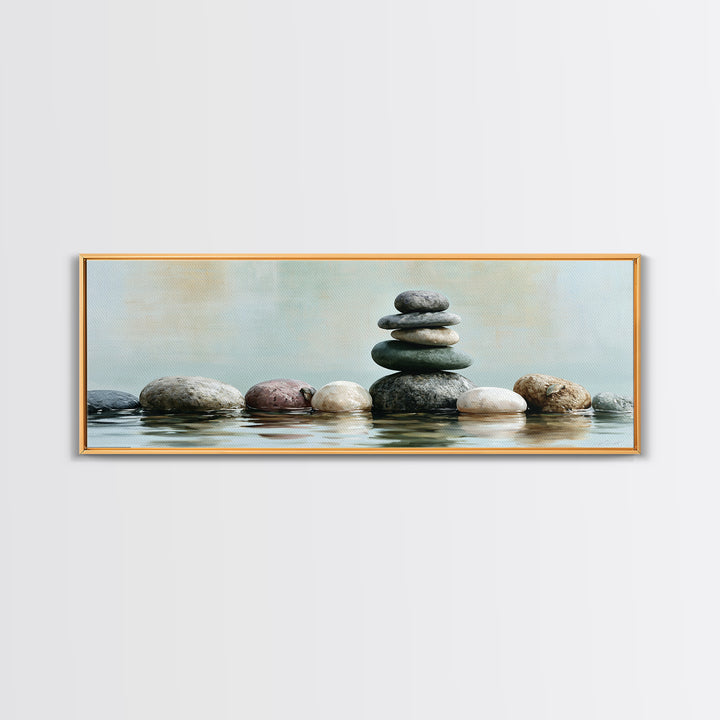 Stacked Stones Beside Calm Water Canvas Print, Spa Art, Wildlife Wall Art, Spa Decor, Watercolor Art, Serenity, SPA-3x1-65