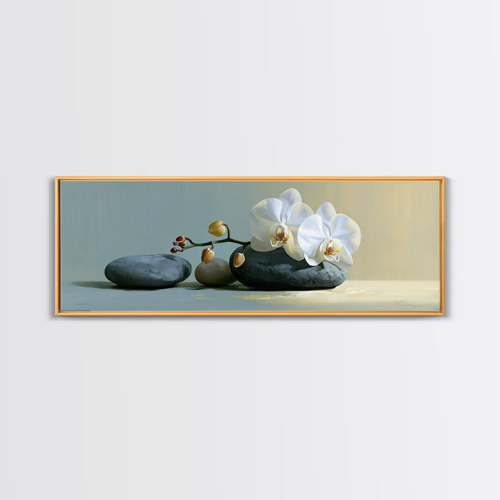 White Orchid on Smooth Gray Stone Canvas Print, Spa Art, Modern Home Decor, Spa Decor, Fine Art, Serenity, Neutral Decor, SPA-3x1-66