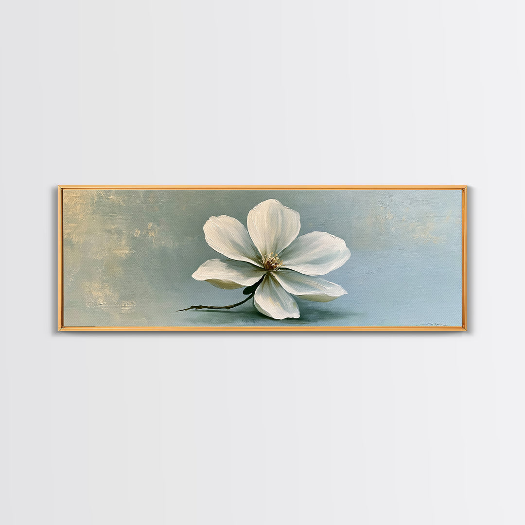 Single White Flower on Linen Ground Framed Canvas Print, Spa Art, Tarot Card Art, Spa Decor, Watercolor Art, Serenity, SPA-3x1-81