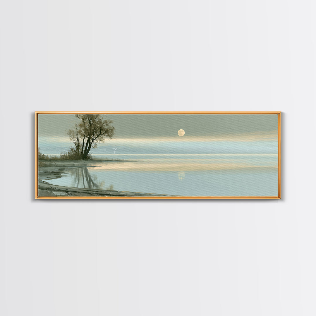 Moonlit Lake Reflection Framed Canvas Print, Spa Art, Abstract, Spa Decor, Watercolor Art, Serenity, City Art, Spa Wall Art, SPA-3x1-87