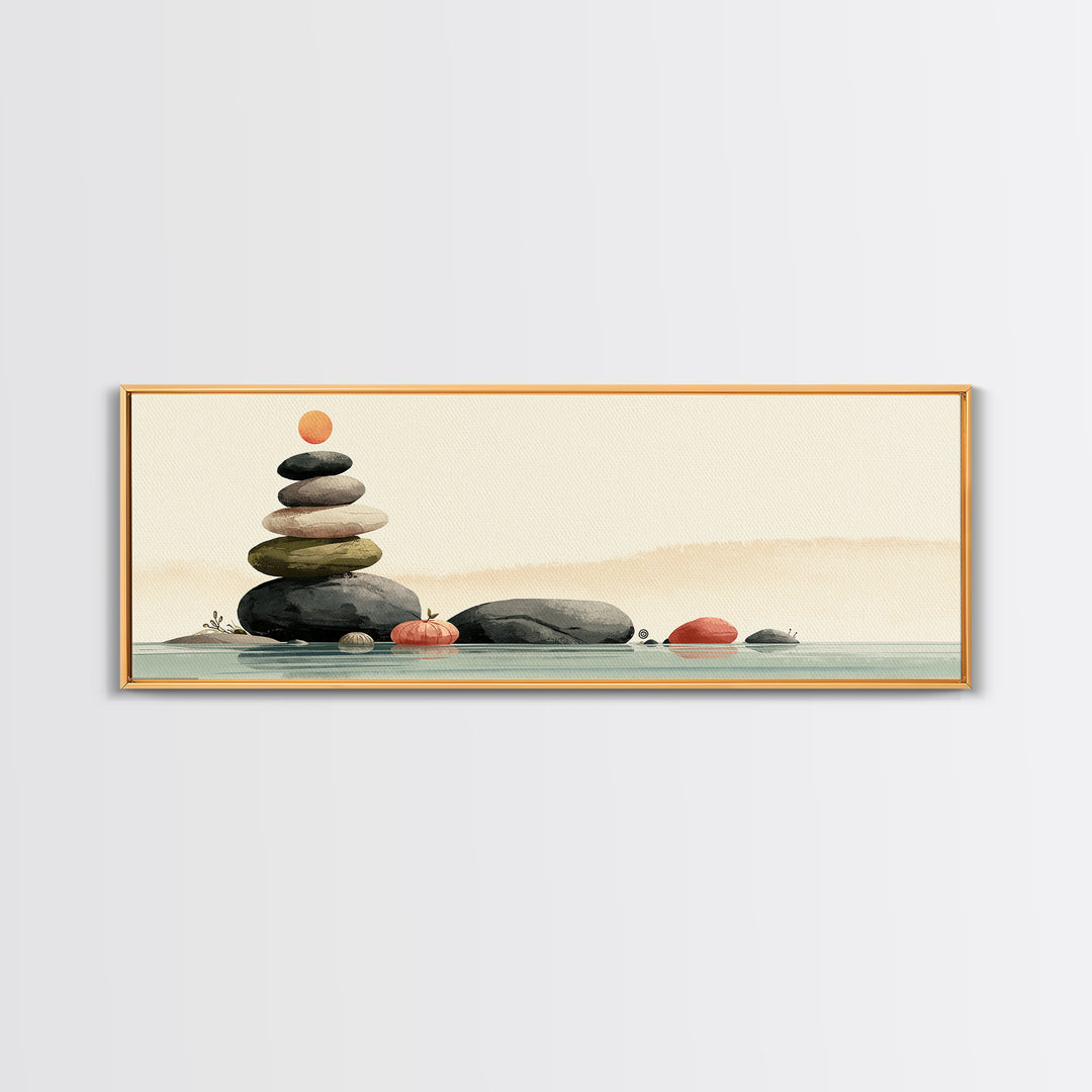 Stacked Stones Beside Calm Water Framed Canvas Print, Spa Art, Boho Decor, Spa Decor, Oil Painting, Serenity, Printable Art, SPA-3x1-89