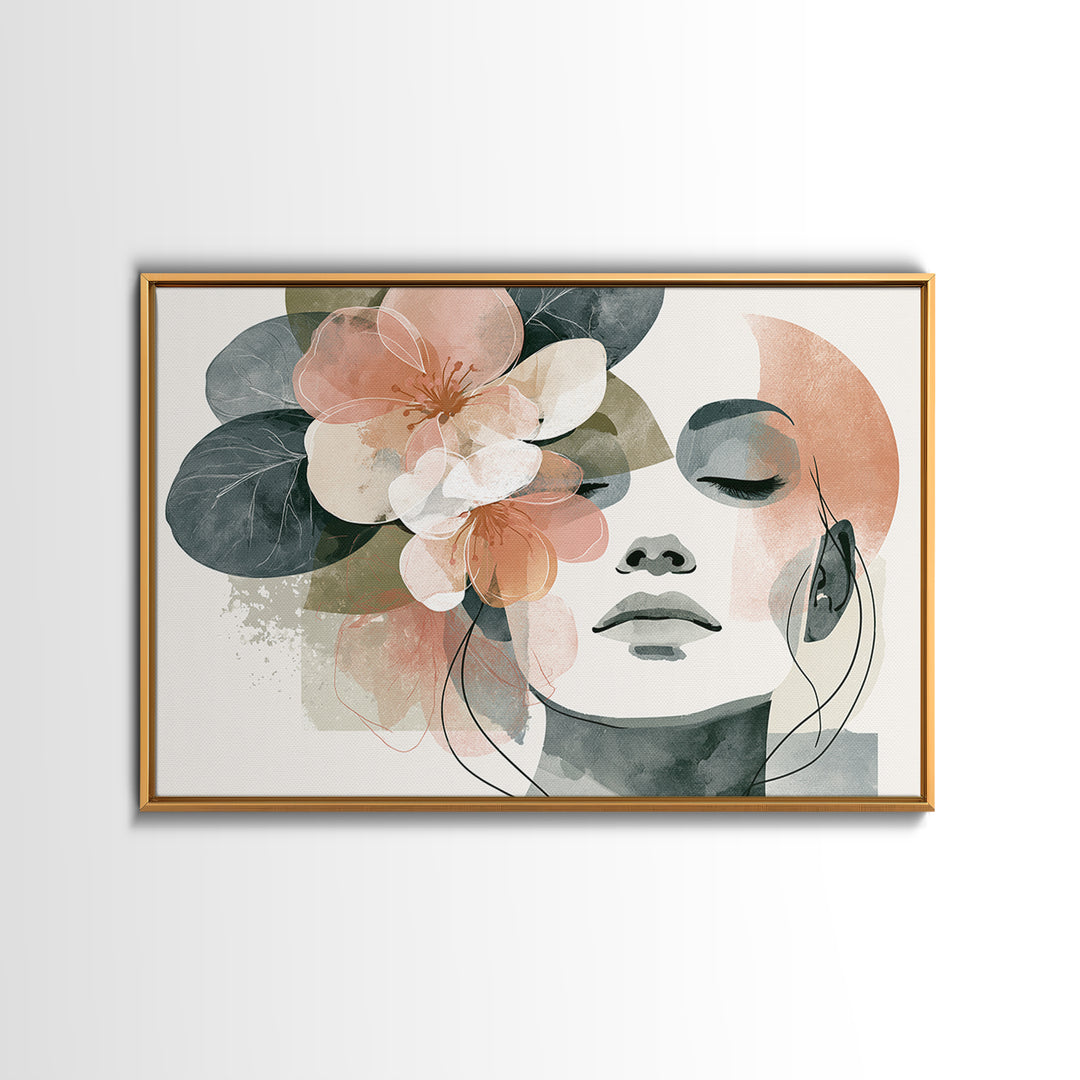 Minimal Face with Closed Eyes and Flowers Framed Canvas Print, Spa Art, Esthetician Decor, Spa Decor, Oil Painting, Serenity, SPA-3x2-23