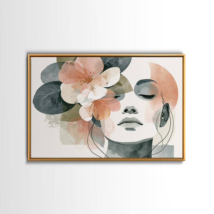 Minimal Face with Closed Eyes and Flowers Framed Canvas Print, Spa Art, Esthetician Decor, Spa Decor, Oil Painting, Serenity, SPA-3x2-23