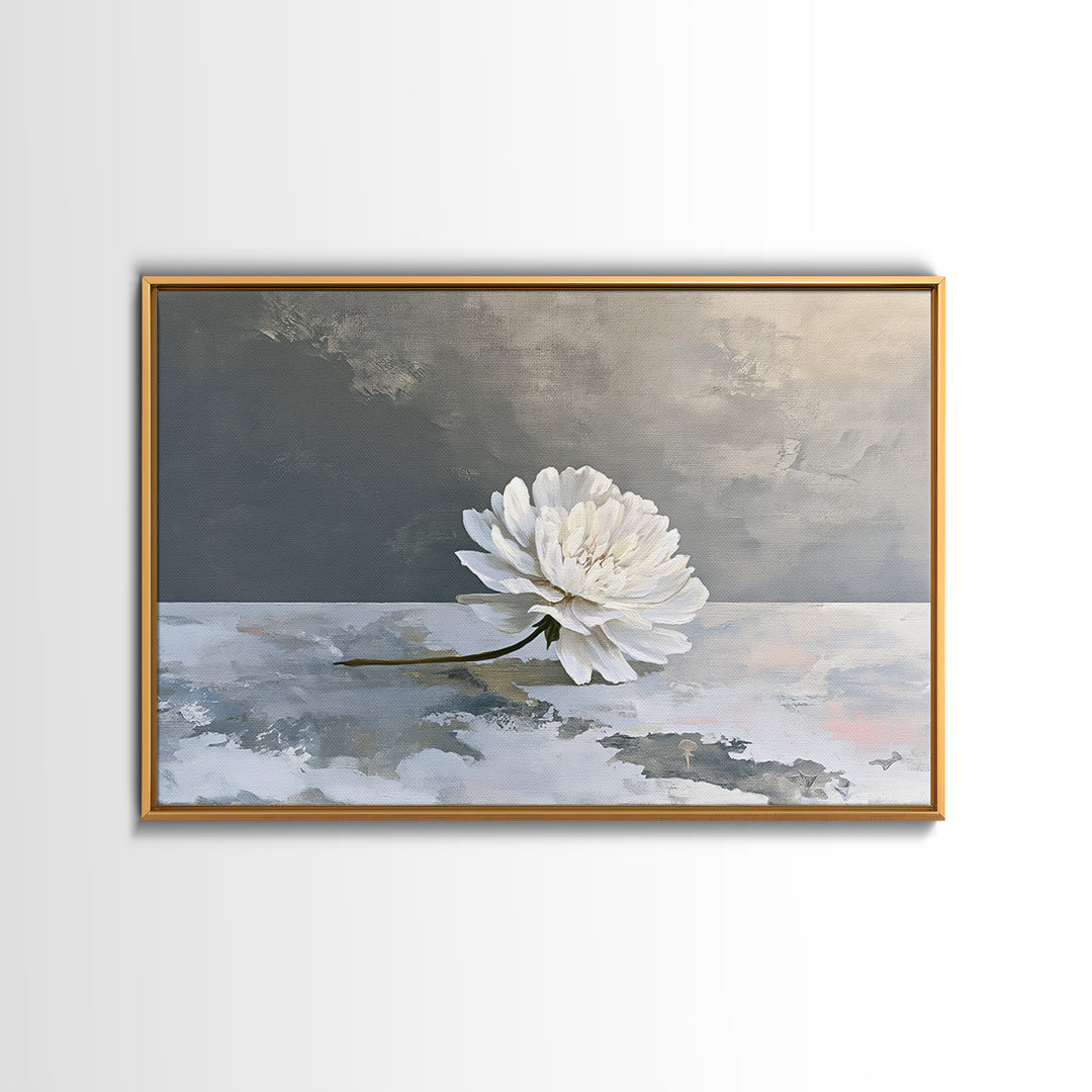 Single White Flower on Linen Ground Framed Canvas Print, Spa Art, Gallery Decor, Spa Decor, Fine Art, Serenity, Wall Art, SPA-3x2-45