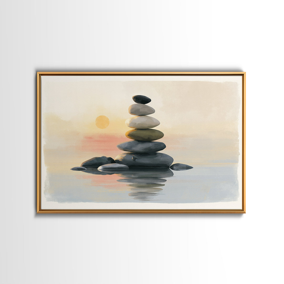 Stacked Stones Beside Calm Water Framed Canvas Print, Spa Art, Esthetician Decor, Spa Decor, Fine Art, Serenity, Room Decor, SPA-3x2-5