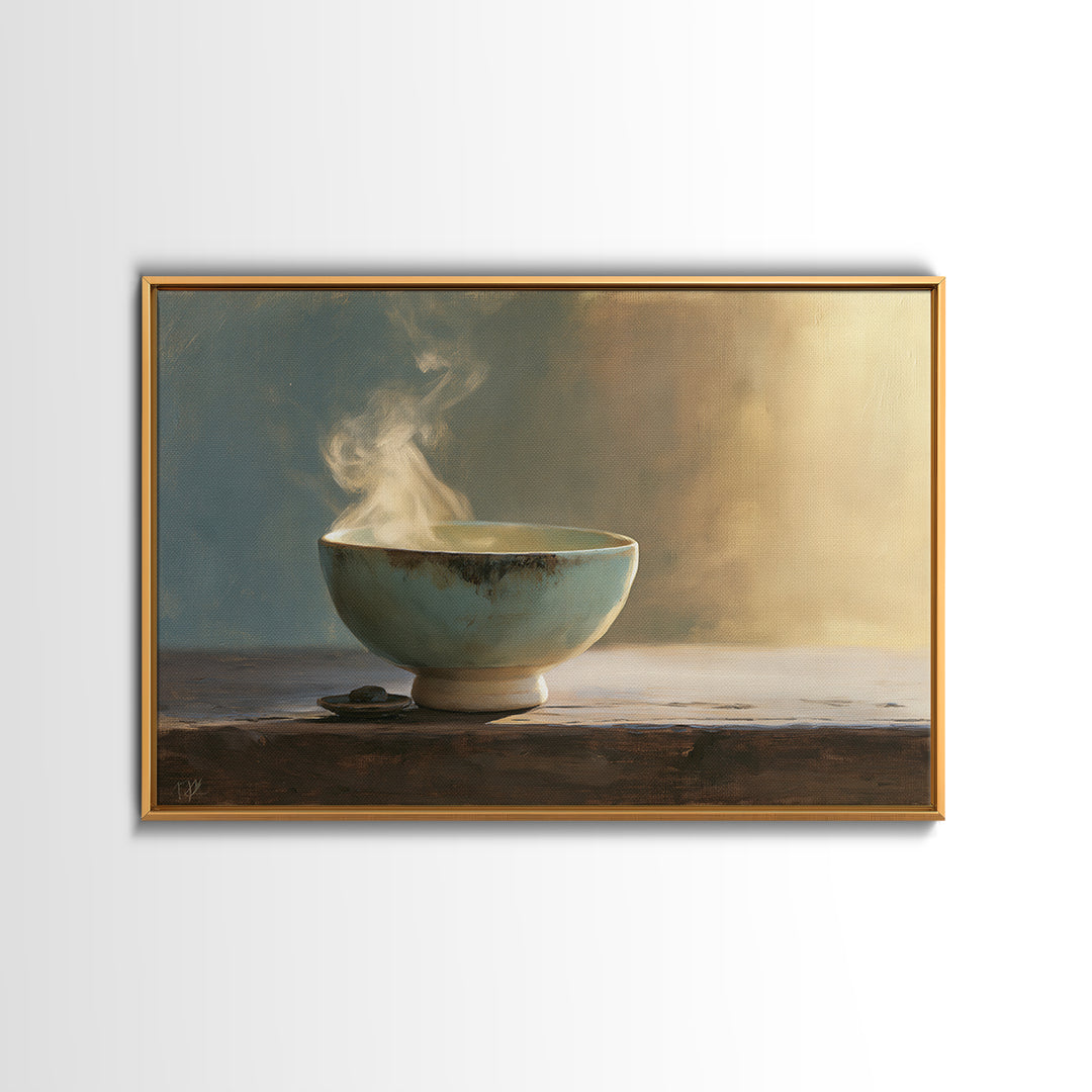 Tea Bowl and Steam Still Life Framed Canvas Print, Spa Art, Dog Groomer Gifts, Spa Decor, Oil Painting, Serenity, SPA-3x2-50