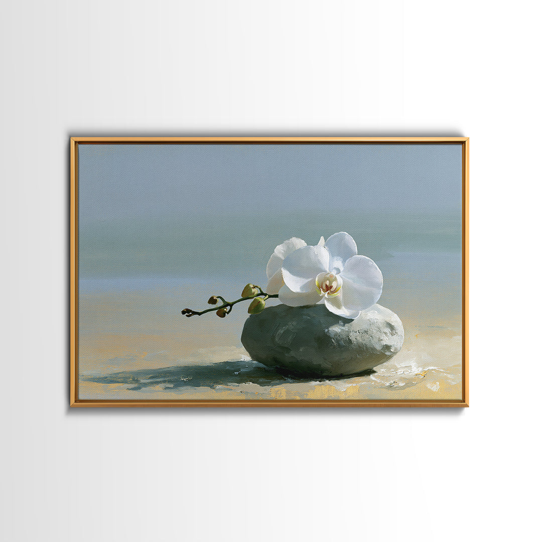 White Orchid on Smooth Gray Stone Canvas Print, Spa Art, Salon Decor, Spa Decor, Fine Art, Serenity, Statement Artwork, SPA-3x2-54