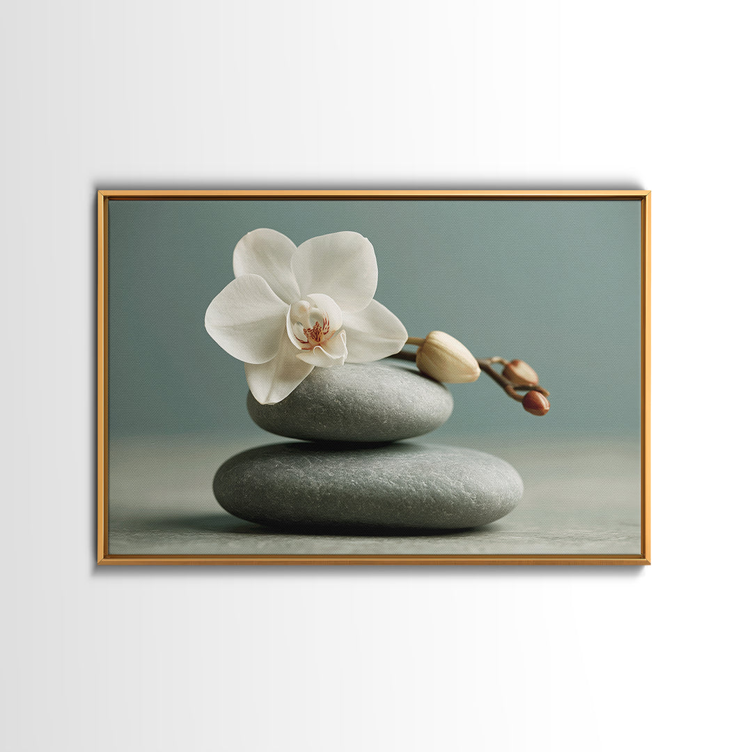 White Orchid on Smooth Gray Stone Framed Canvas Print, Spa Art, Feminine Wall Art, Spa Decor, Serenity, Hair Salon Wall Art, SPA-3x2-6