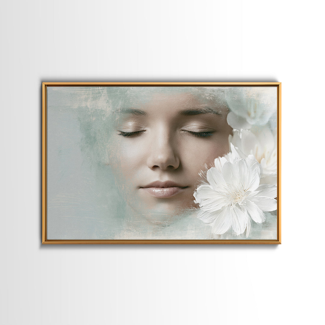 Minimal Face with Closed Eyes and Flowers Framed Canvas Print, Spa Art, Wildlife Wall Art, Spa Decor, Fine Art, Serenity, SPA-3x2-71
