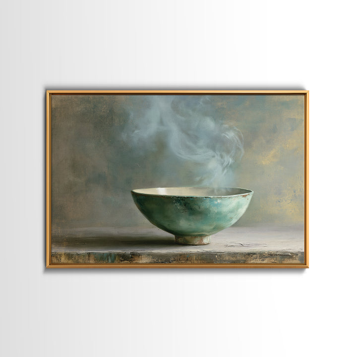 Tea Bowl and Steam Still Life Framed Canvas Print, Spa Art, Dog Groomer Gifts, Spa Decor, Oil Painting, Serenity, SPA-3x2-74