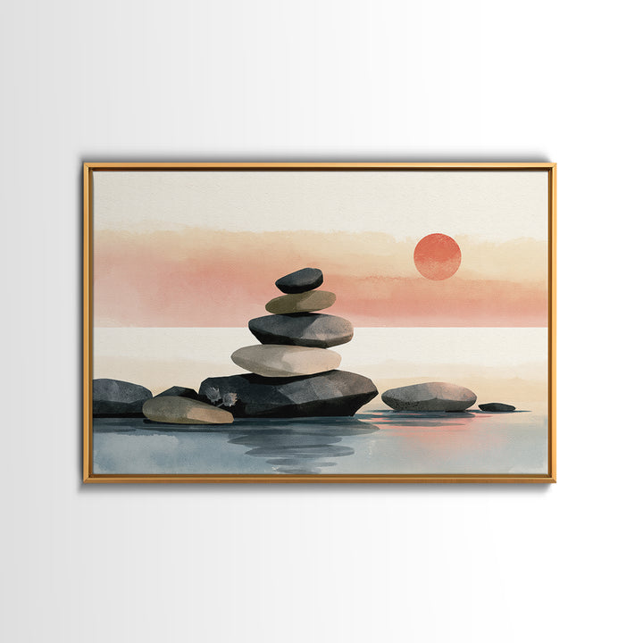 Stacked Stones Beside Calm Water Framed Canvas Print, Spa Art, Art Print, Spa Decor, Fine Art, Serenity, Botanical Art, SPA-3x2-77