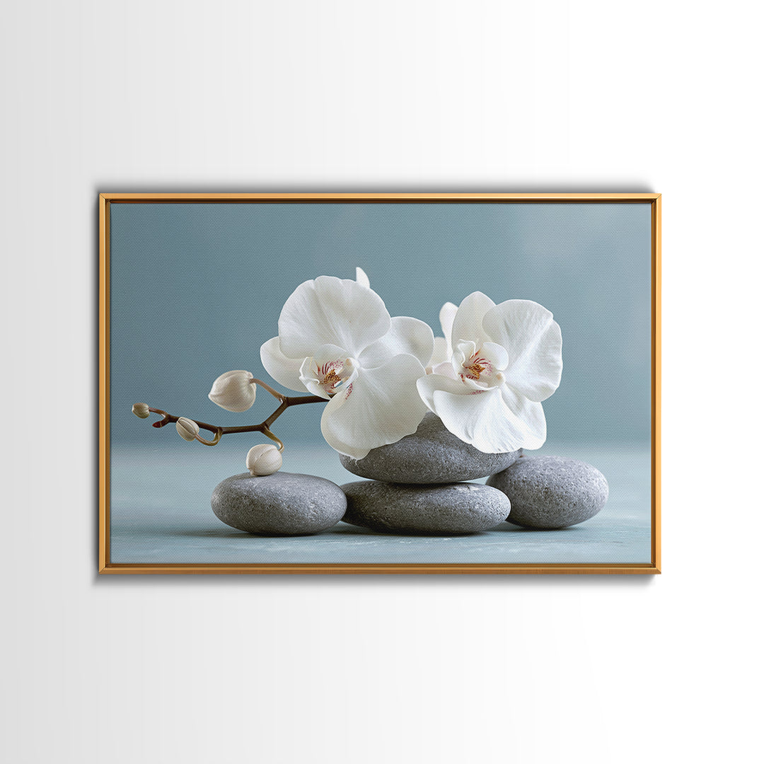 White Orchid on Smooth Gray Stone Framed Canvas Print, Spa Art, Tarot Card Art, Spa Decor, Fine Art, Serenity, SPA-3x2-78