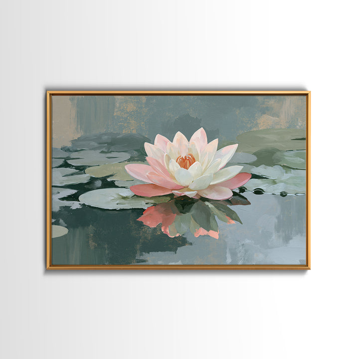 Lotus Flower Floating on Still Pond Framed Canvas Print, Spa Art, Home Decor, Spa Decor, Fine Art, Serenity, Dog Wall Art, SPA-3x2-80