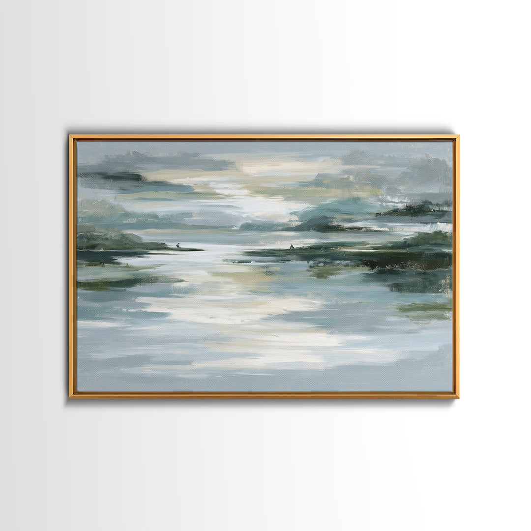 Moonlit Lake Reflection Framed Canvas Print, Spa Art, Abstract, Spa Decor, Watercolor Art, Serenity, City Art, Spa Wall Art, SPA-3x2-99