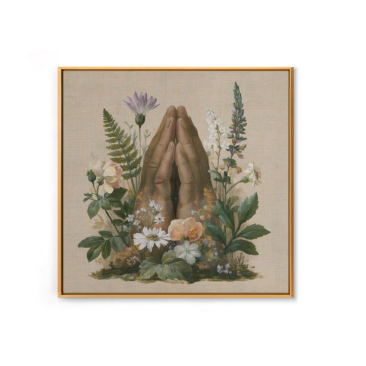Prayer Hands with Botanical Details Framed Canvas Print, Spiritual Art, Printable Wall Art, Living Room Decor, Fine Art, Spirit, SPI-1x1-33