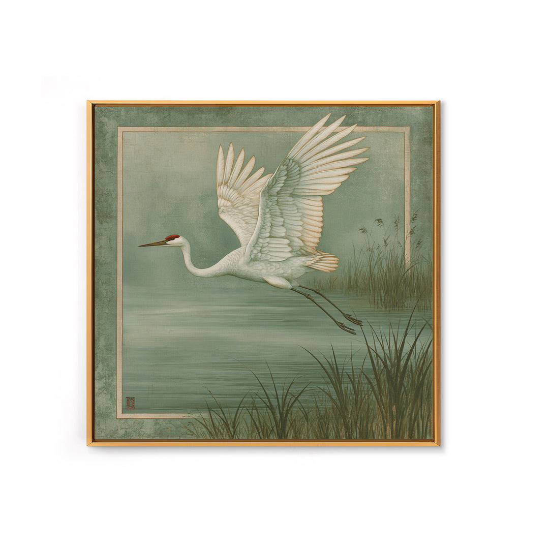 White Crane Flying Framed Canvas Print, Spiritual Art, Room Decor, Living Room Decor, Oil Painting, Spirit, Digital Print, SPI-1x1-48