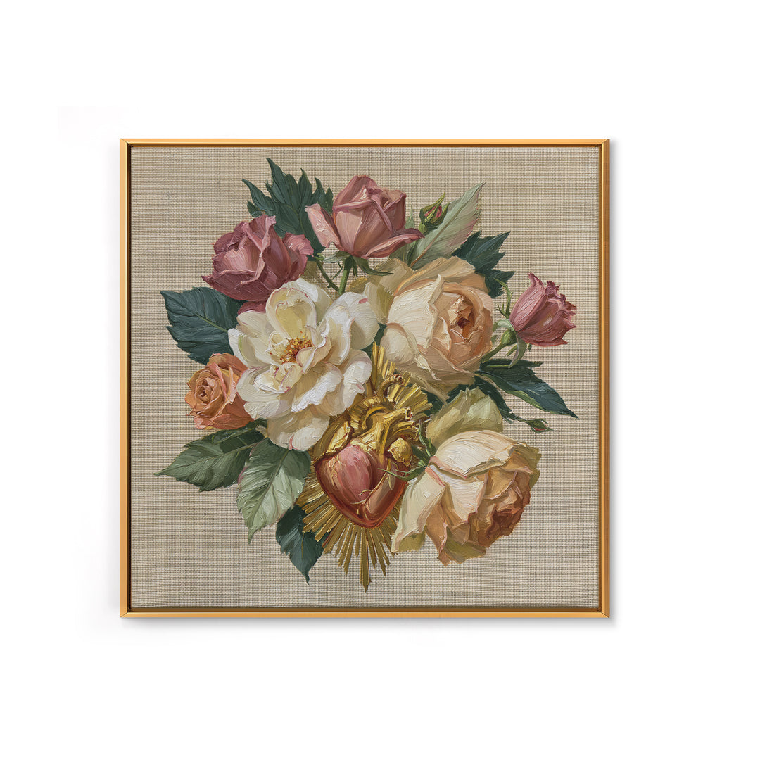 Sacred Heart with Roses and Gold Rays Framed Canvas Print, Spiritual Art, Textured Painting, Living Room Decor, Spirit, SPI-1x1-62