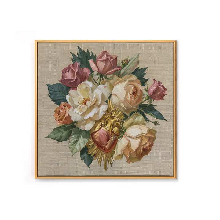 Sacred Heart with Roses and Gold Rays Framed Canvas Print, Spiritual Art, Textured Painting, Living Room Decor, Spirit, SPI-1x1-62