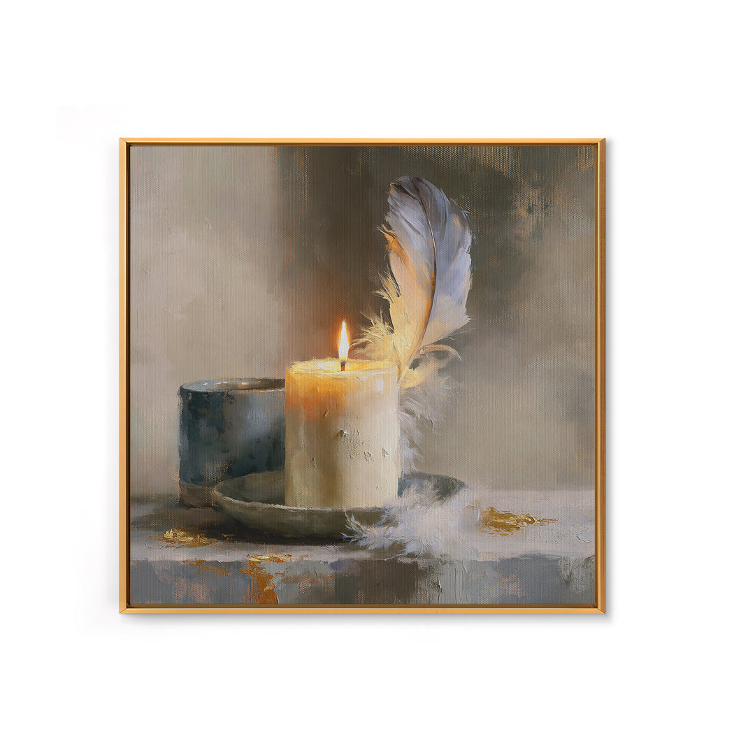 Candle and Feather Still Life Framed Canvas Print, Spiritual Art, Minimalist Wall Art, Living Room Decor, Fine Art, Spirit, SPI-1x1-68