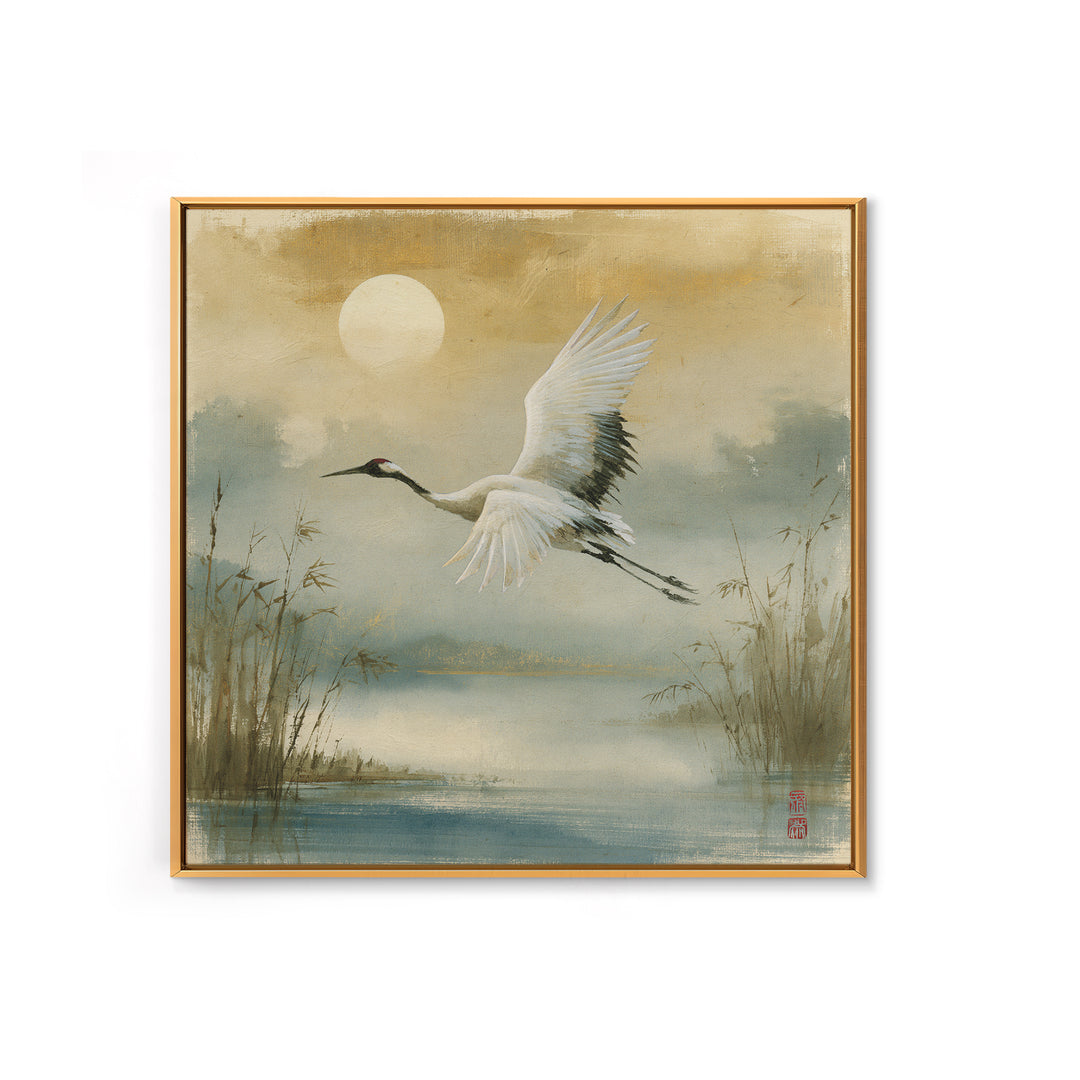 White Crane Flying Framed Canvas Print, Spiritual Art, Contemporary Art, Living Room Decor, Fine Art, Spirit, Minimalist Decor, SPI-1x1-72