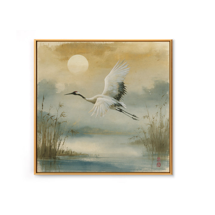 White Crane Flying Framed Canvas Print, Spiritual Art, Contemporary Art, Living Room Decor, Fine Art, Spirit, Minimalist Decor, SPI-1x1-72