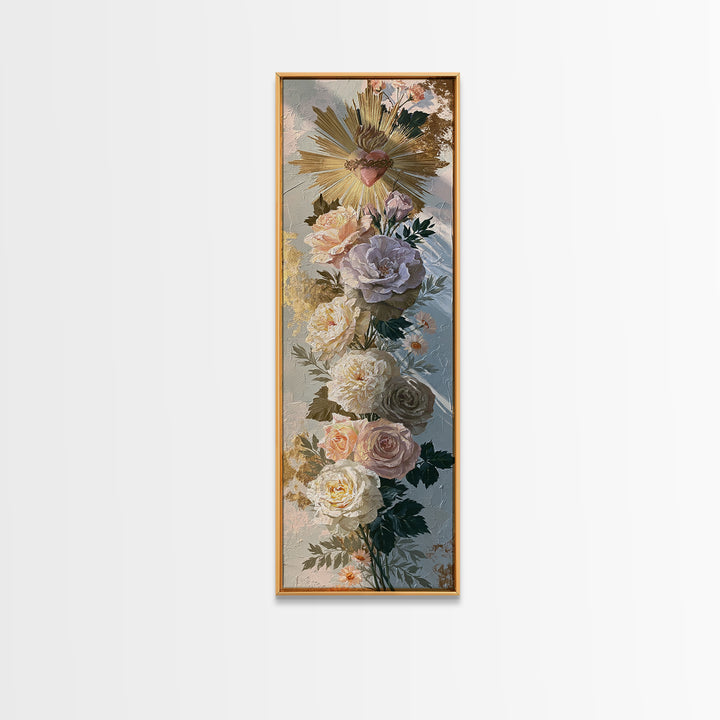 Sacred Heart with Roses and Gold Rays Canvas Print, Spiritual Art, Luxury Decor, Living Room Decor, Fine Art, Spirit, SPI-1x3-2