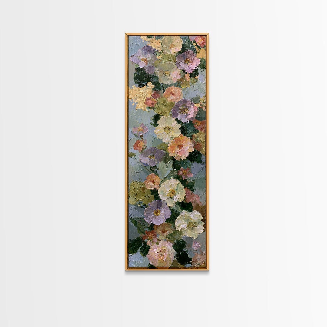 Serene Face with Closed Eyes and Flowers Framed Canvas Print, Spiritual Art, Boho Wall Art, Living Room Decor, Oil Painting, SPI-1x3-24