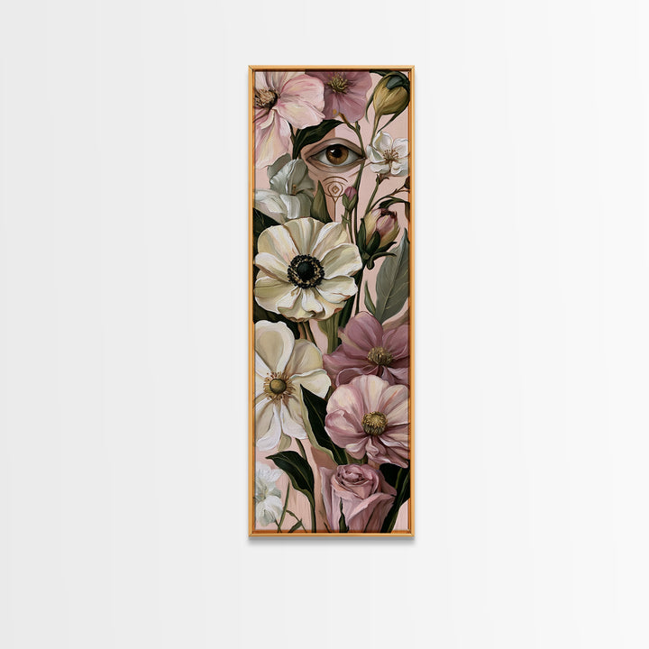 Third Eye Symbol Surrounded by Flowers Framed Canvas Print, Spiritual Art, Digital Prints, Living Room Decor, Watercolor Art, SPI-1x3-66