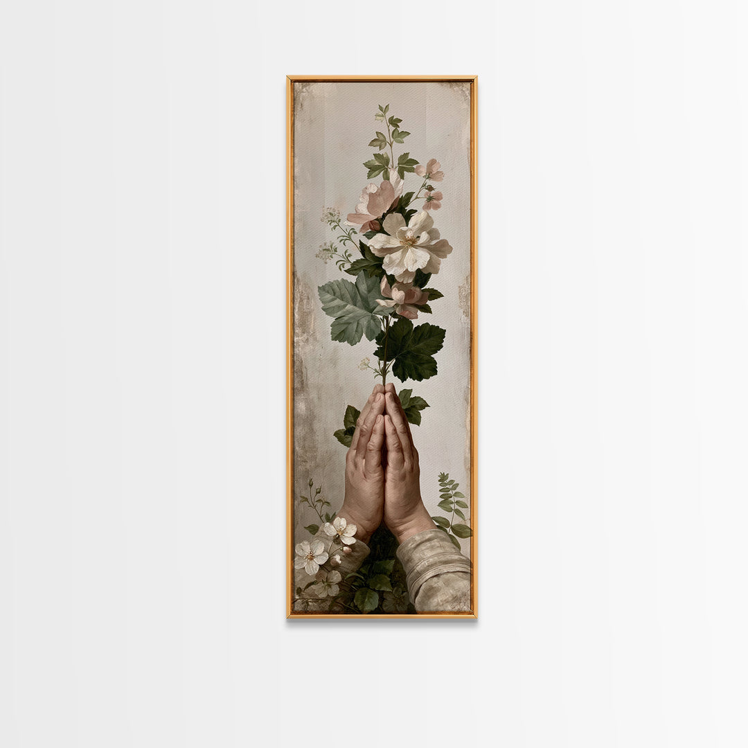 Prayer Hands with Botanical Details Framed Canvas Print, Spiritual Art, Canvas Wall Art, Living Room Decor, Watercolor Art, SPI-1x3-69