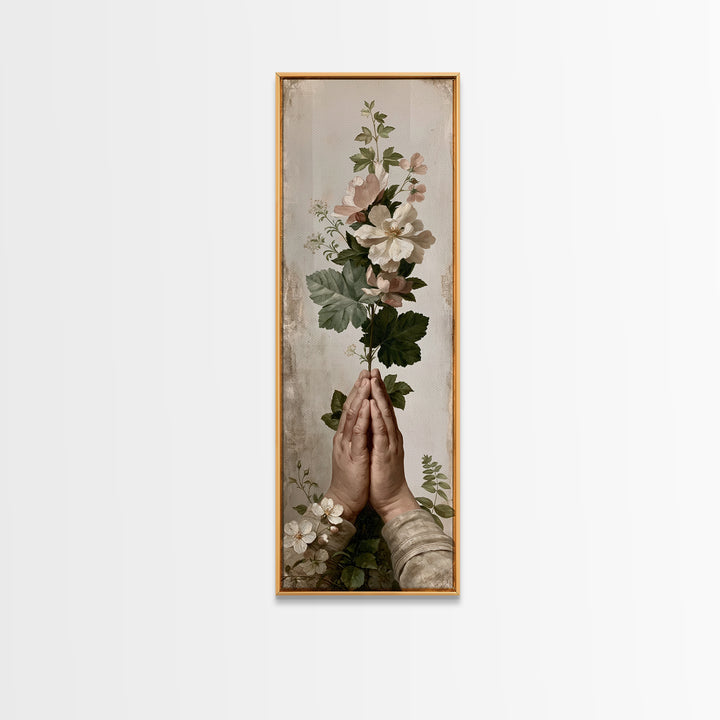 Prayer Hands with Botanical Details Framed Canvas Print, Spiritual Art, Canvas Wall Art, Living Room Decor, Watercolor Art, SPI-1x3-69