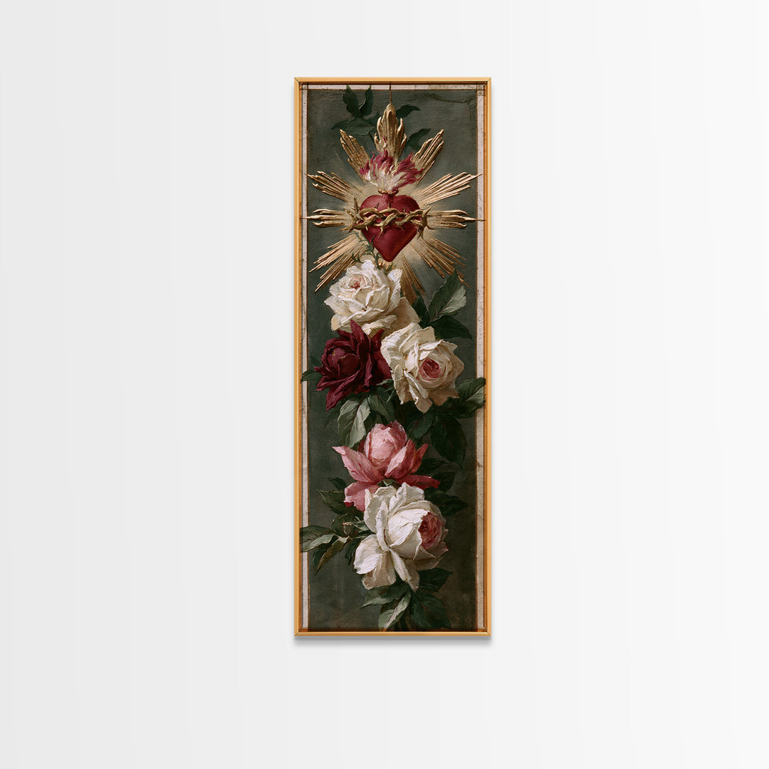 Sacred Heart with Roses and Gold Rays Canvas Print, Spiritual Art, Art Print, Living Room Decor, Spirit, Boho Wall Art, SPI-1x3-98