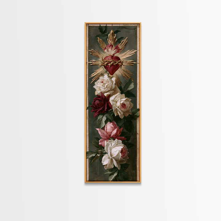 Sacred Heart with Roses and Gold Rays Canvas Print, Spiritual Art, Art Print, Living Room Decor, Spirit, Boho Wall Art, SPI-1x3-98