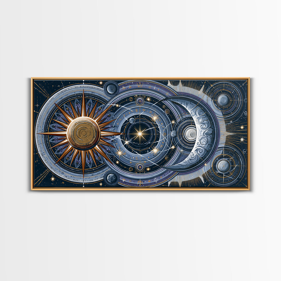 Sun and Moon Spiritual Balance Composition Framed Canvas Print, Spiritual Art, Trendy Wall Art, Living Room Decor, Spirit, SPI-2x1-100