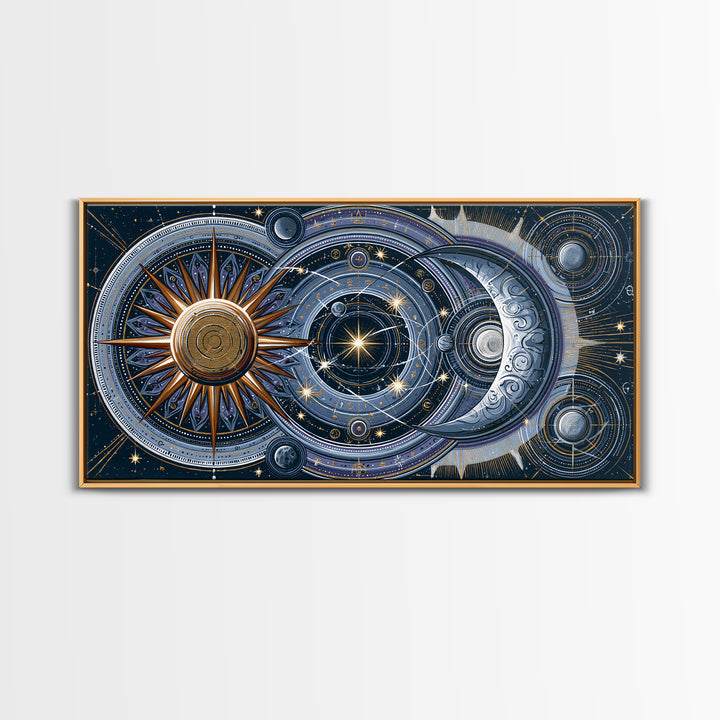 Sun and Moon Spiritual Balance Composition Framed Canvas Print, Spiritual Art, Trendy Wall Art, Living Room Decor, Spirit, SPI-2x1-100