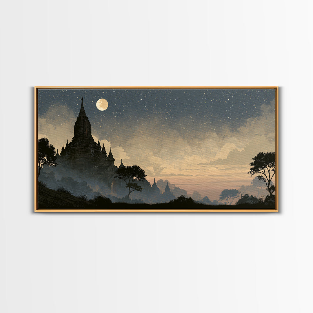 Ancient Temple Silhouette Framed Canvas Print, Spiritual Art, Living Room Decor, Watercolor Art, Spirit, Abstract Wall Art, SPI-2x1-15