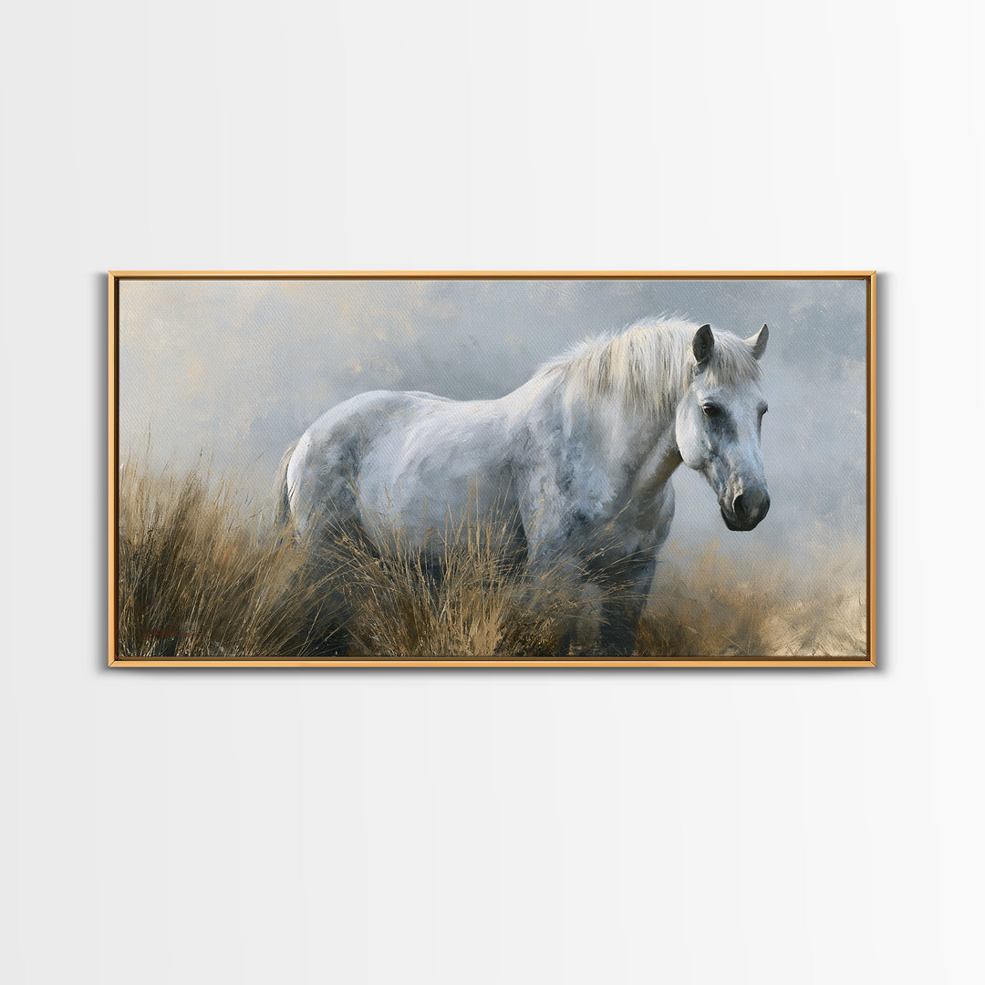White Horse in Misty Sacred Landscape Framed Canvas Print, Spiritual Art, Art Print, Living Room Decor, Oil Painting, Spirit, SPI-2x1-30