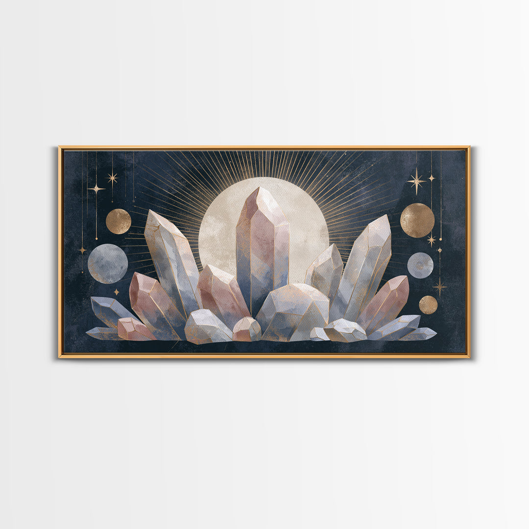 Crystal Cluster with Moonlight Reflections Framed Canvas Print, Spiritual Art, Digital Print, Living Room Decor, Spirit, SPI-2x1-33