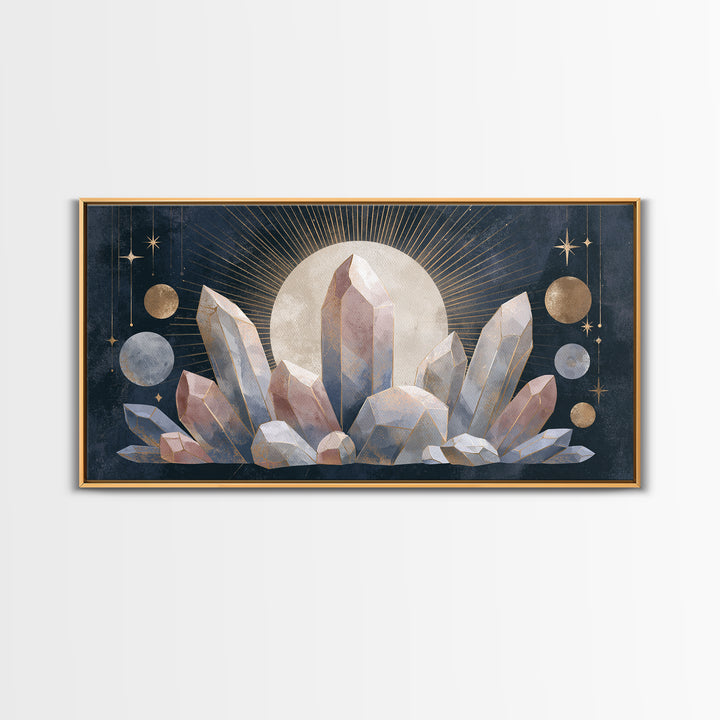 Crystal Cluster with Moonlight Reflections Framed Canvas Print, Spiritual Art, Digital Print, Living Room Decor, Spirit, SPI-2x1-33