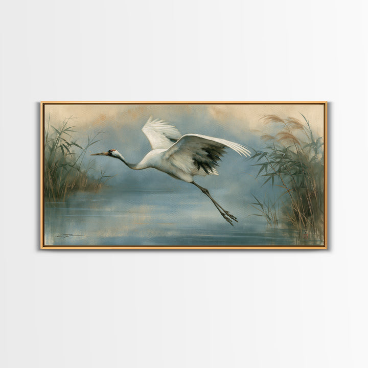 White Crane Flying Canvas Print, Spiritual Art, Minimalist Decor, Living Room Decor, Fine Art, Spirit, Wall Art Prints, SPI-2x1-44