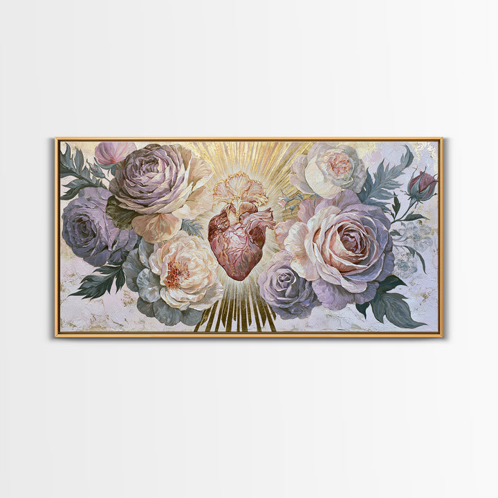Sacred Heart with Roses and Gold Rays Canvas Print, Spiritual Art, Framed Wall Art, Living Room Decor, Fine Art, Spirit, SPI-2x1-58