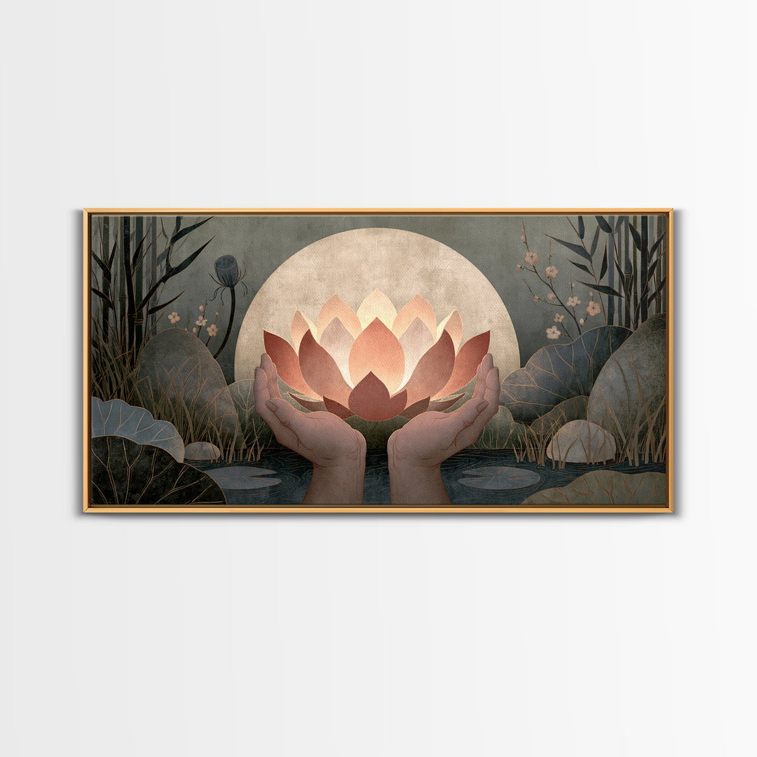 Hands Holding a Glowing Lotus Canvas Print, Spiritual Art, Neutral Decor, Living Room Decor, Abstract Art, Spirit, Wall Decor, SPI-2x1-71