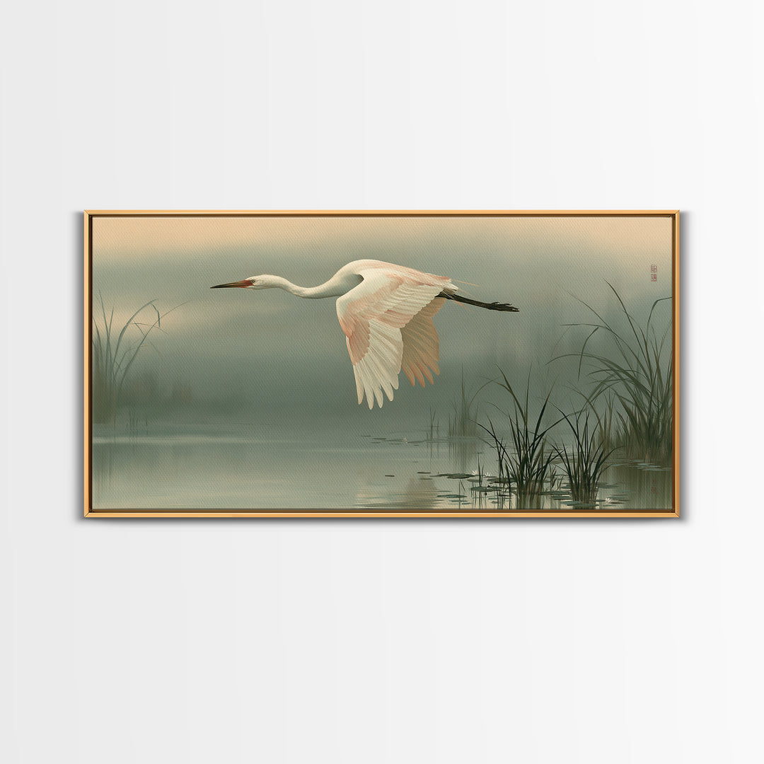 White Crane Flying Framed Canvas Print, Spiritual Art, Black Art, Living Room Decor, Fine Art, Spirit, Christian Decor, SPI-2x1-92