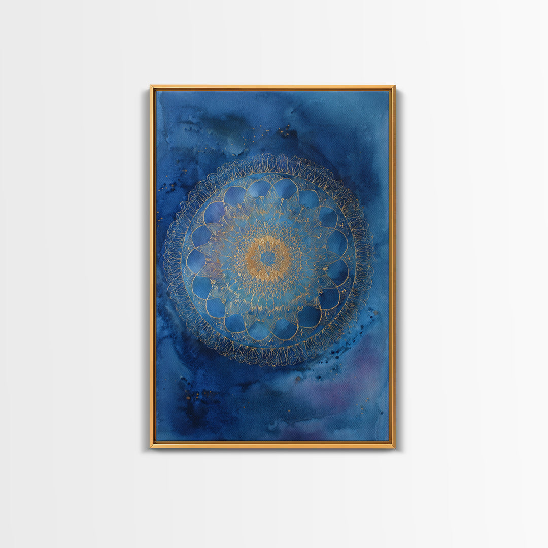 Gold Mandala on Deep Blue Background Framed Canvas Print, Spiritual Art, Digital Prints, Living Room Decor, Watercolor Art, SPI-2x3-36