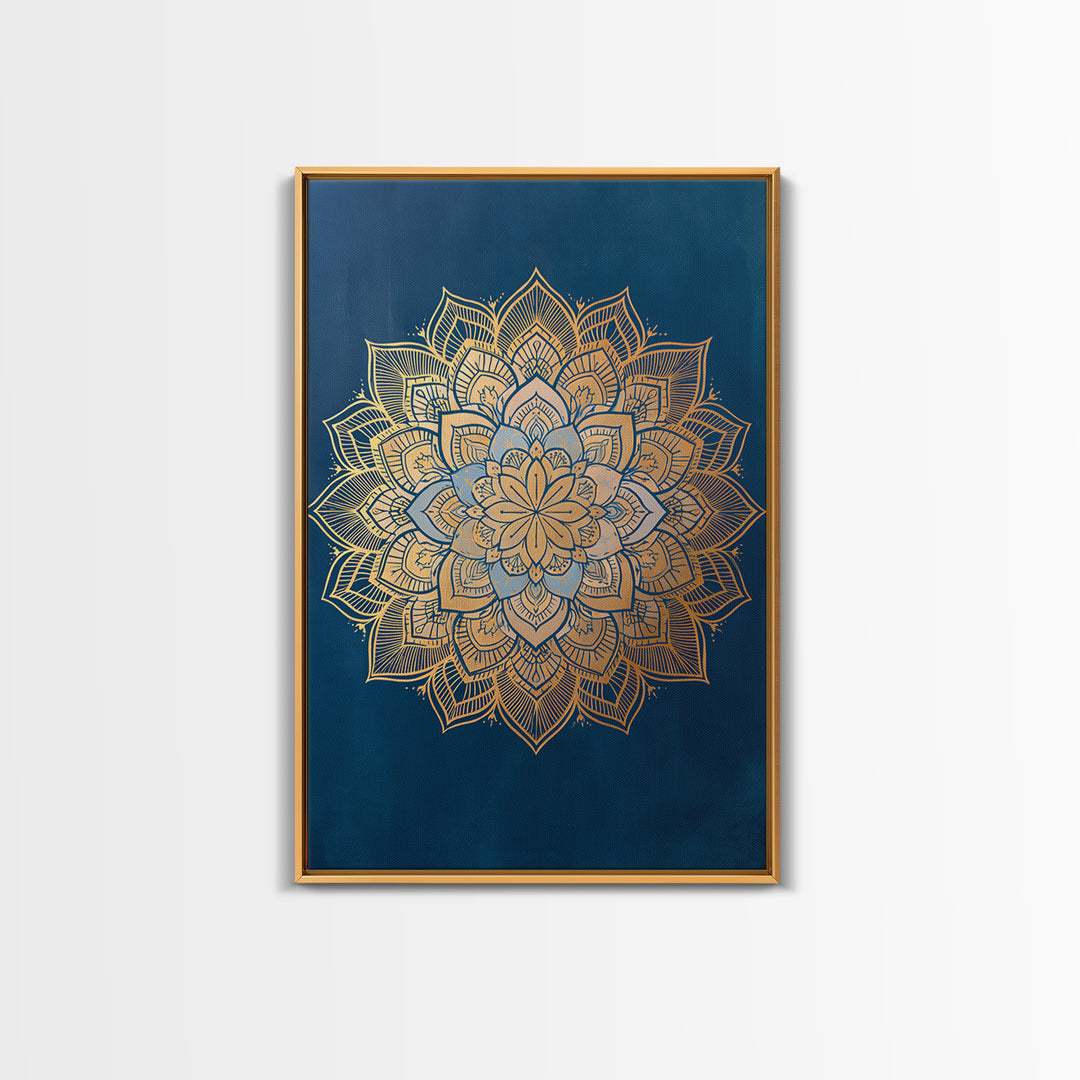Gold Mandala on Deep Blue Background Framed Canvas Print, Spiritual Art, Christian Decor, Living Room Decor, Fine Art, Spirit, SPI-2x3-60