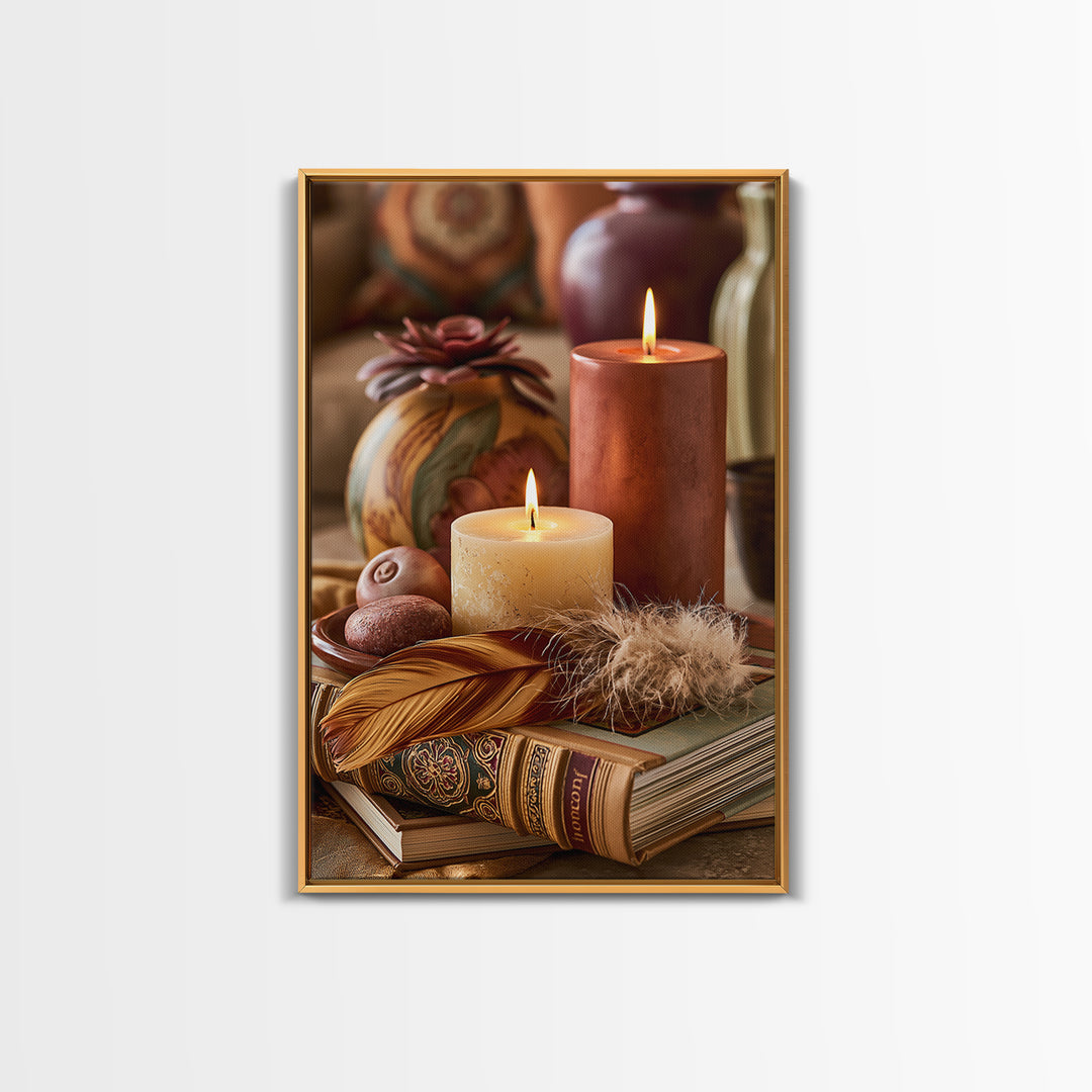 Candle and Feather Still Life Framed Canvas Print, Spiritual Art, Art, Living Room Decor, Fine Art, Spirit, Canvas Wall Art, SPI-2x3-76